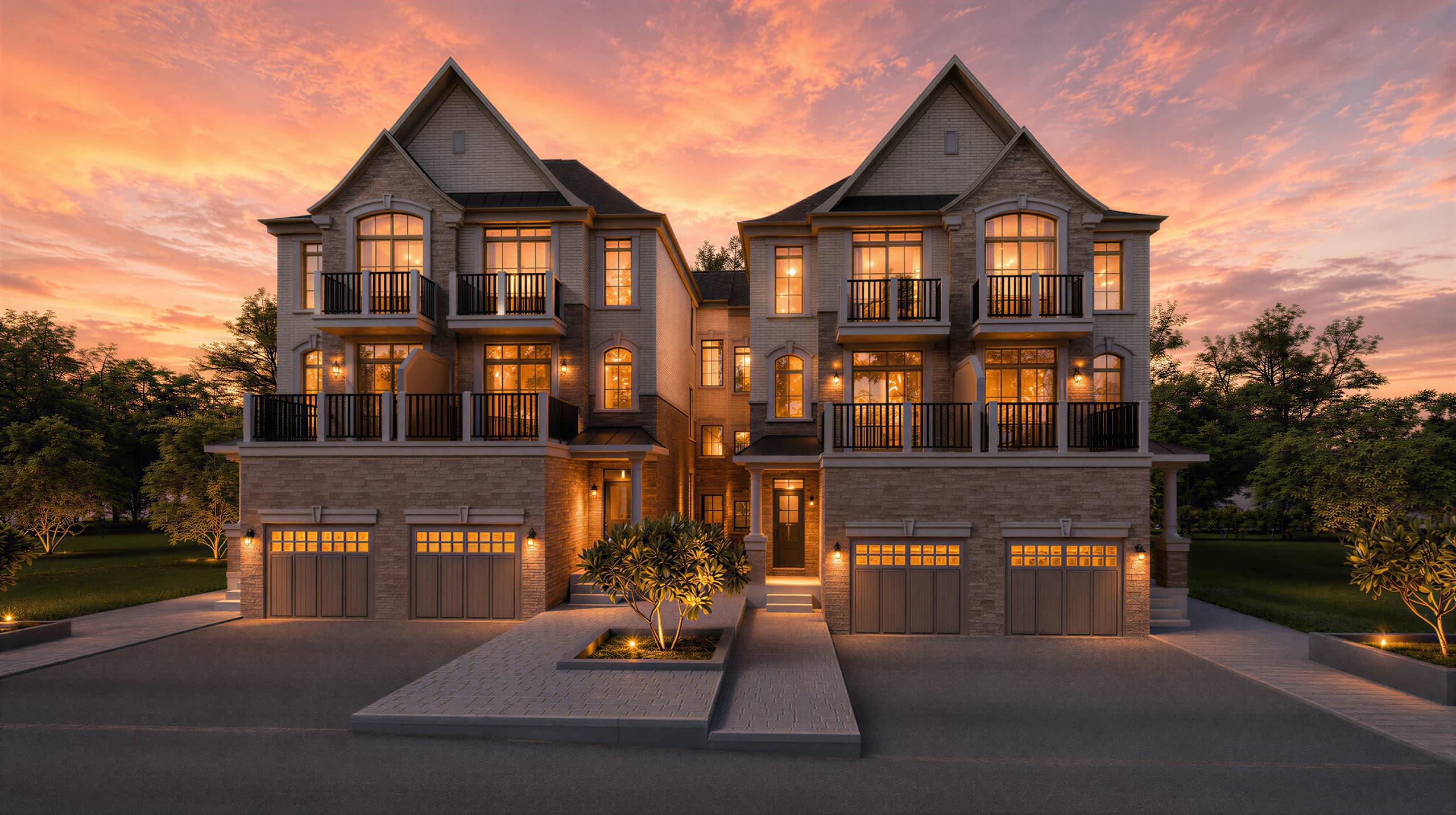 Rosaleen at Auden Grand — freehold semi-detached towns at dusk, front elevation. Artist's concept.