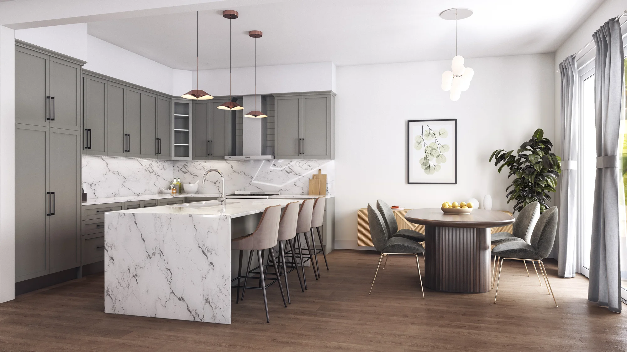 Interior design concept — open kitchen with island, breakfast bar and dining area. Artist's concept.