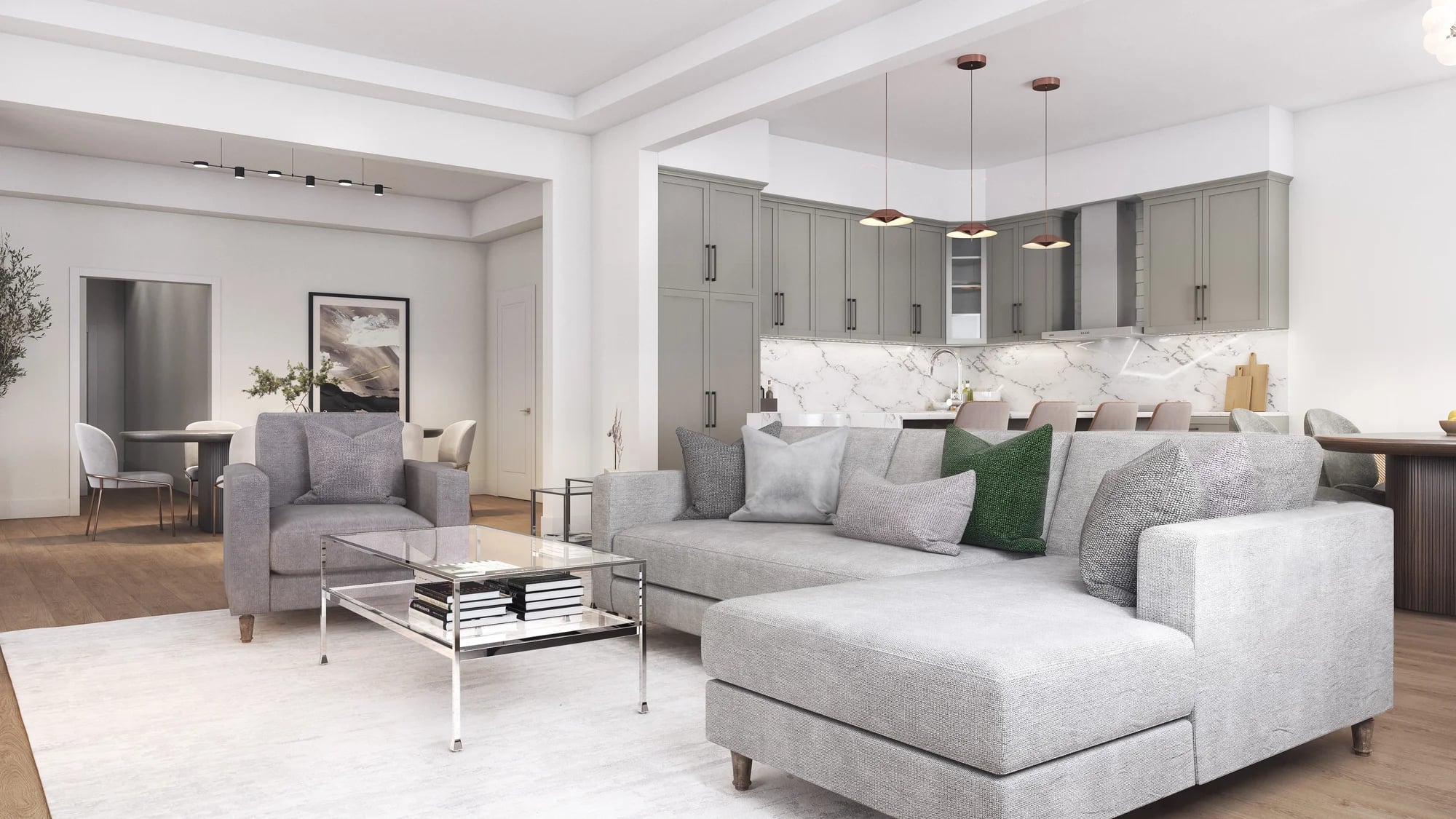 Interior design concept — great room with open sightlines to the kitchen. Artist's concept.